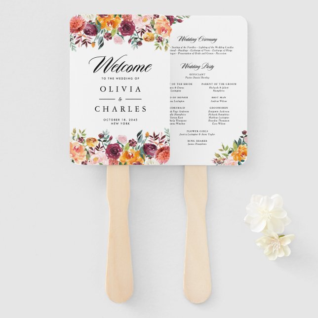 Leque Programa de Casamento de Outono com Flores em Aqua (Frente e Verso)