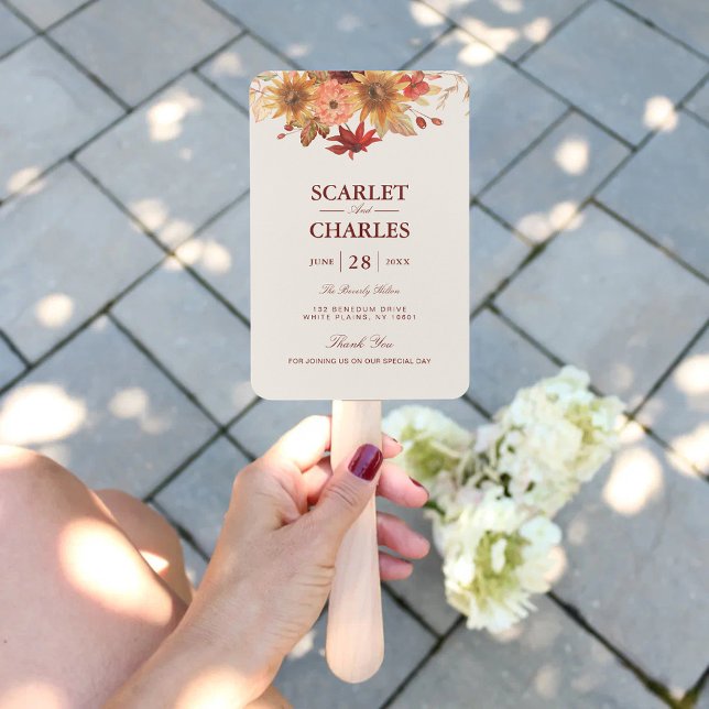 Leque Programa de Casamento de Outono com Folhas de Outo (Elegant fall leaves autumn wedding program hand fan with warm autumn watercolor charm.)