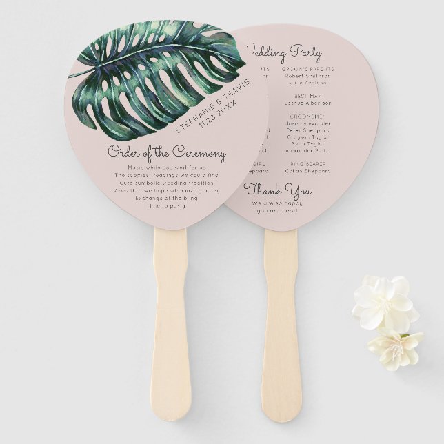 Leque Programa de Casamento de Palm Blush Tropical Leaf  (Frente e Verso)