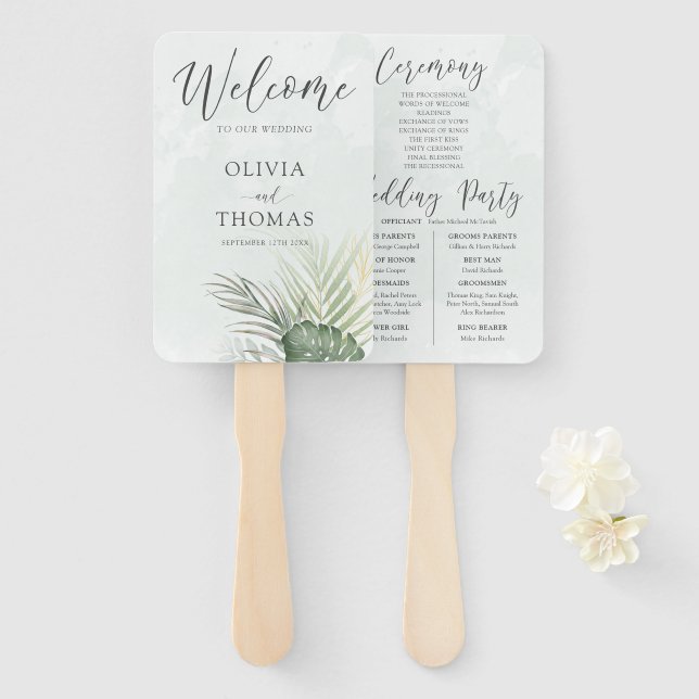 Leque Programa de Casamento de Palma Verde Tropical (Frente e Verso)