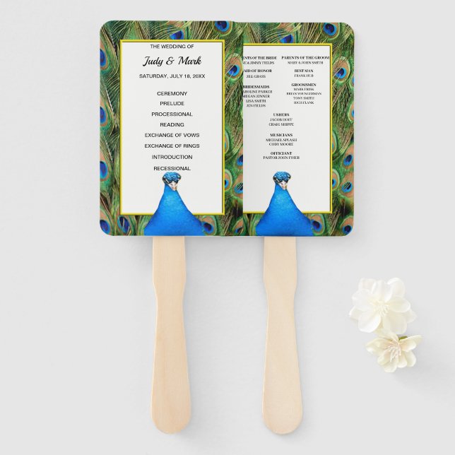 Leque Programa De Casamento De Peacock Verde E Azul (Frente e Verso)