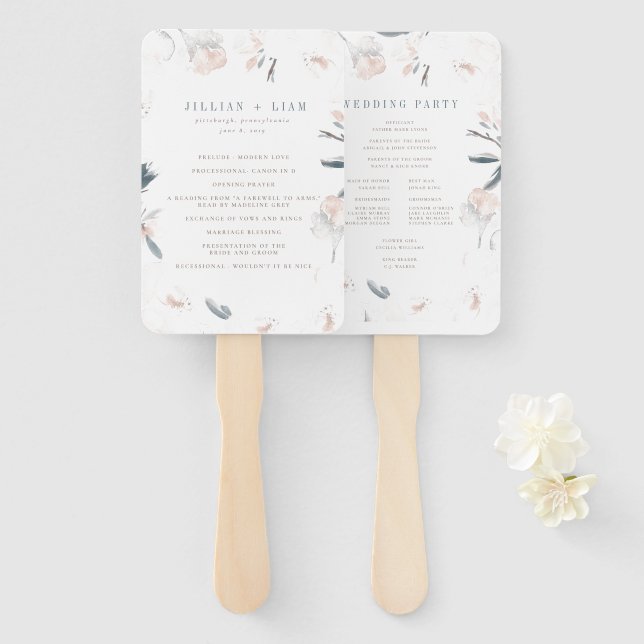 Leque Programa de Casamento de Penas Rosa Suave (Frente e Verso)