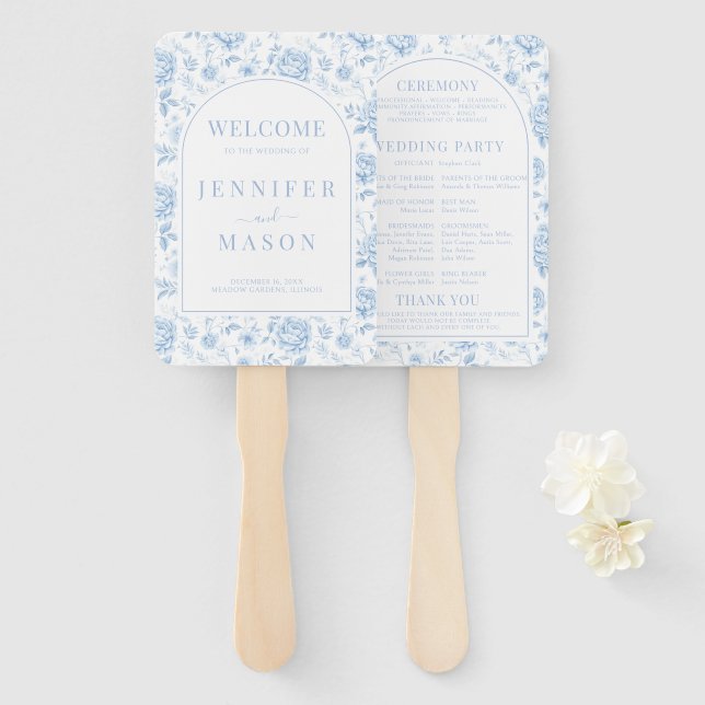Leque Programa de Casamento de Porcelana Chinoiserie Azu (Frente e Verso)