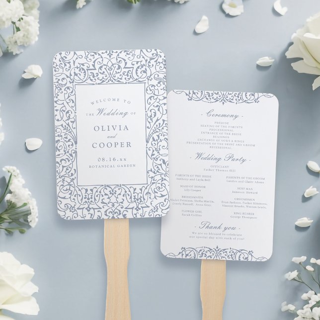 Leque Programa de Casamento de Quadros do Ornamentado Du (Dusty Blue Vintage Ornate Frame Wedding Program Hand Fan)