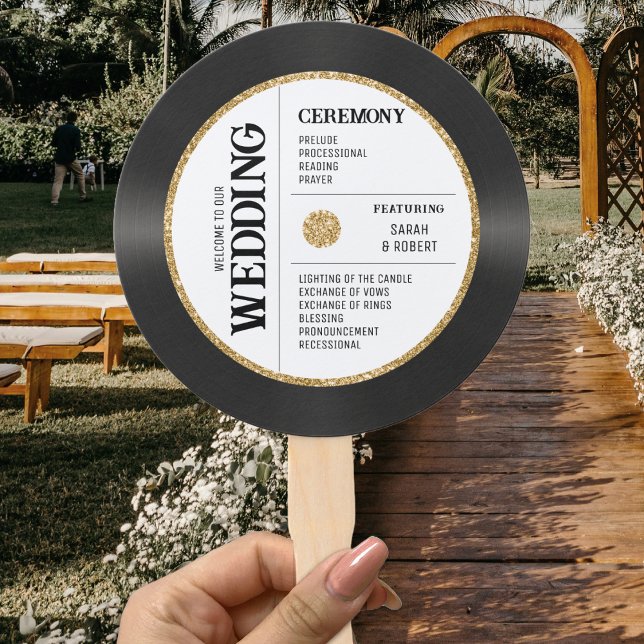 Leque Programa de Casamento de Recortes de Vinil com Gli (Retro Gold Glitter Vinyl Record Wedding Program Hand Fan
)