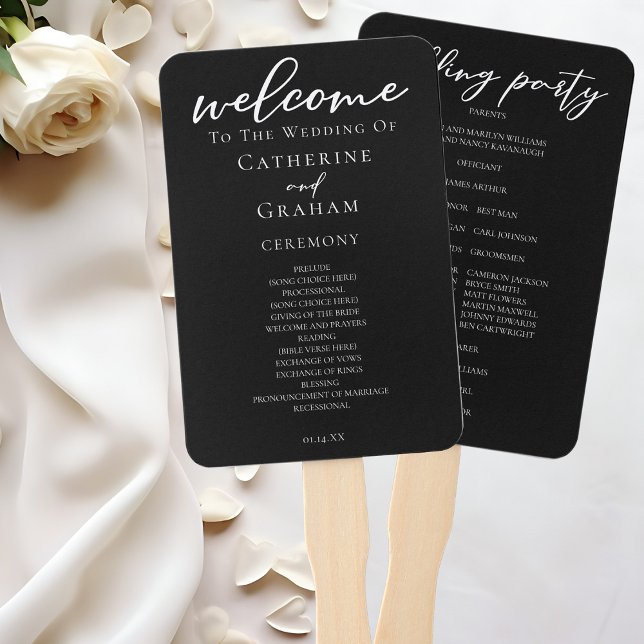 Leque Programa de Casamento de Script Branco Chic Black (Criador carregado)