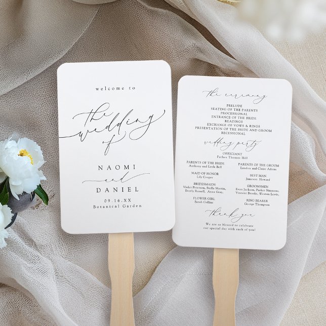Leque Programa de Casamento de Script de Chic Moderno Mi (Minimalist Modern Chic Script Wedding Program Hand Fan)
