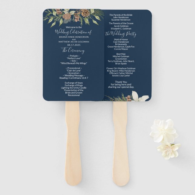 Leque Programa de Casamento de Script Elegante Azul-Mari (Frente e Verso)