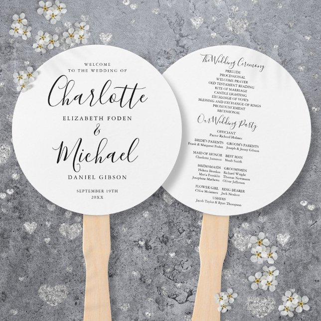 Leque Programa de Casamento de Script Moderno Preto e Br (Black And White Modern Script Wedding Program Hand Fan)