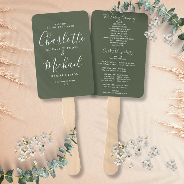 Leque Programa de Casamento de Scripts de Assinatura Ver (Olive Green Signature Script Wedding Program Hand Fan)