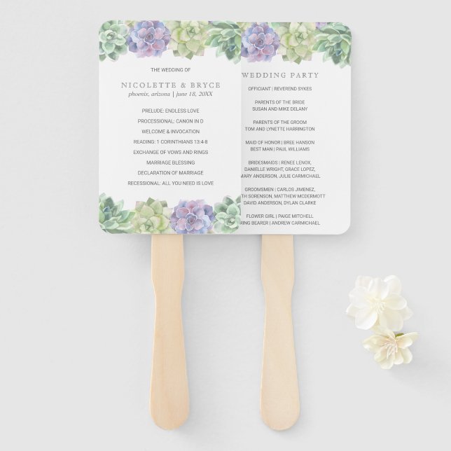 Leque Programa de Casamento de Suculentas Verde e Roxo (Frente e Verso)