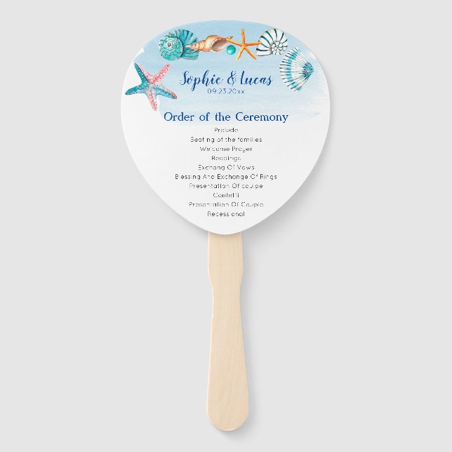 Leque Programa de Casamento de Tema de Aquarela de Seash (Frente)
