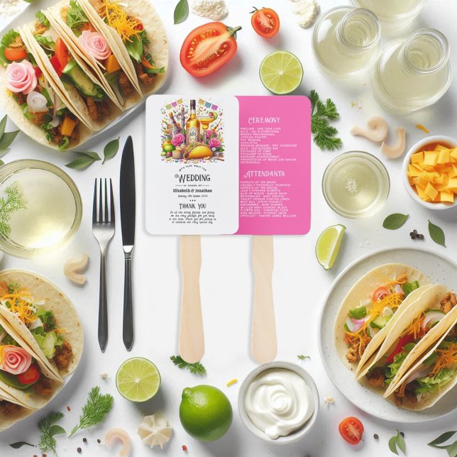 Leque Programa de Casamento de Tequila Fiesta Mexicana R (Hot-Pink Mexican Fiesta Tequila Wedding Program Hand Fan)