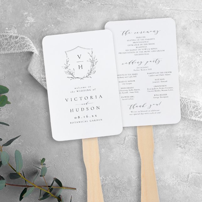 Leque Programa de casamento do monograma da crista botân (Elegance botanical crest monogram wedding program hand fan)