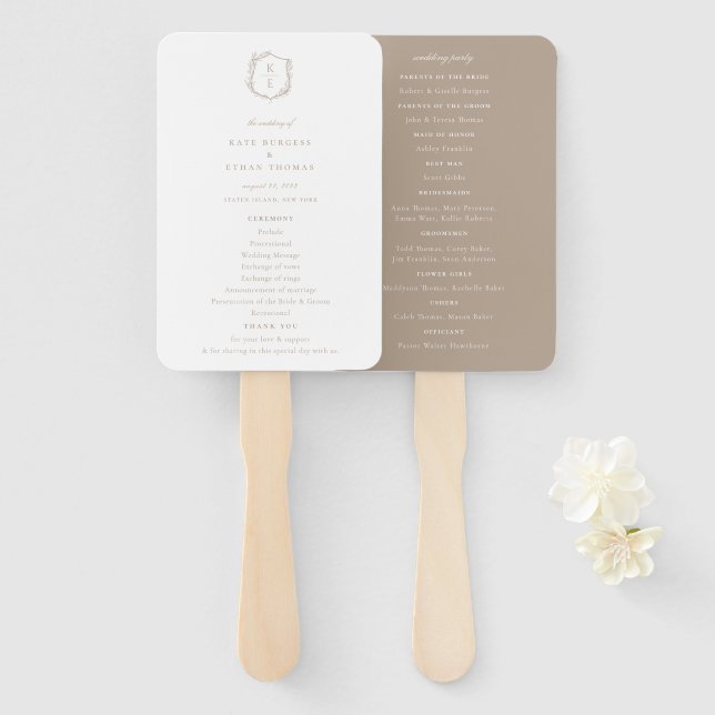 Leque Programa de Casamento do Monograma de Crest Botâni (Frente e Verso)