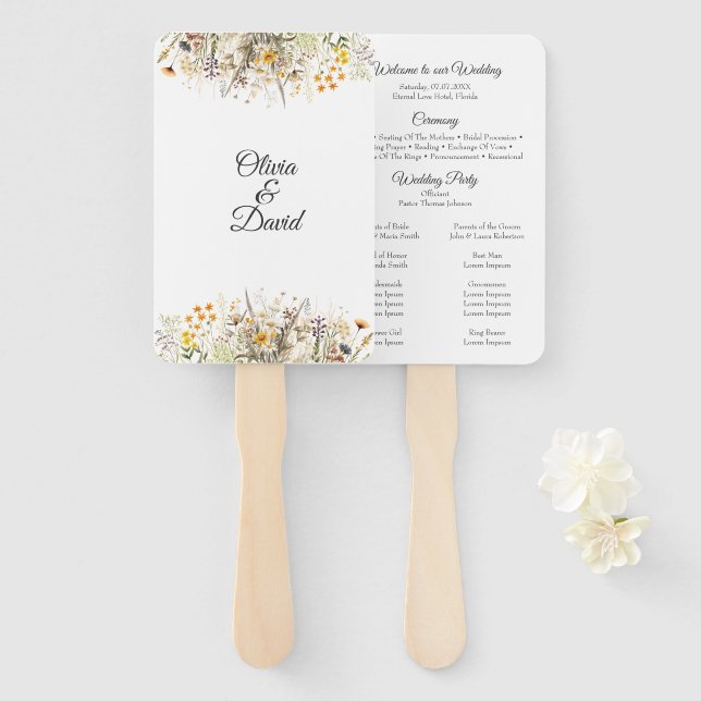 Leque Programa de Casamento do Prado de Flores Silvestre (Frente e Verso)