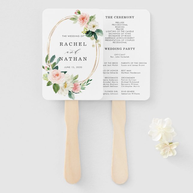 Leque Programa de Casamento Dourado do Blush White Bloom (Frente e Verso)