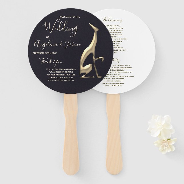 Leque Programa de Casamento Dourado e Preto (Frente e Verso)