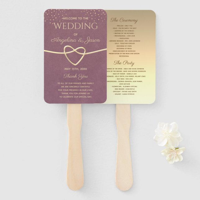 Leque Programa de Casamento Dourado e Roxo (Frente e Verso)