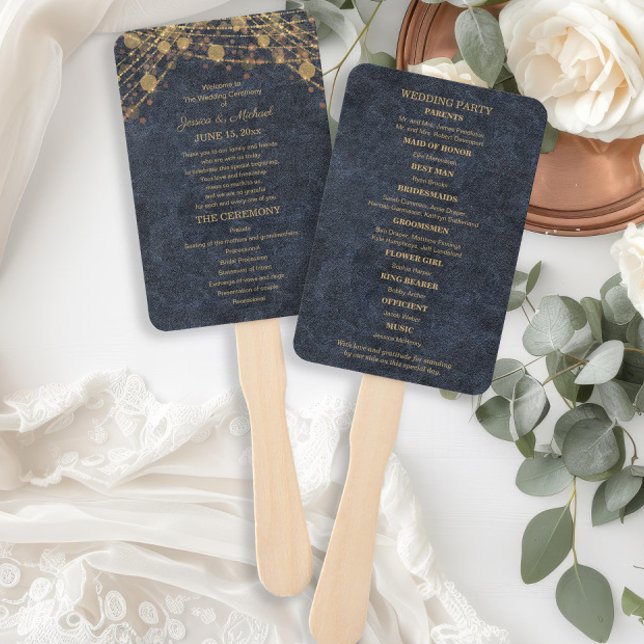 Leque Programa de Casamento Dourado Rustic Glam Blue (Rustic glam navy blue and gold string lights wedding program hand fans printed on front and back)