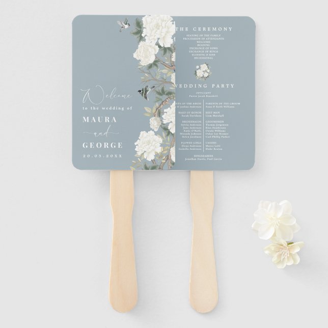 Leque Programa de Casamento Dusty Blue Ivory Chinoiserie (Frente e Verso)