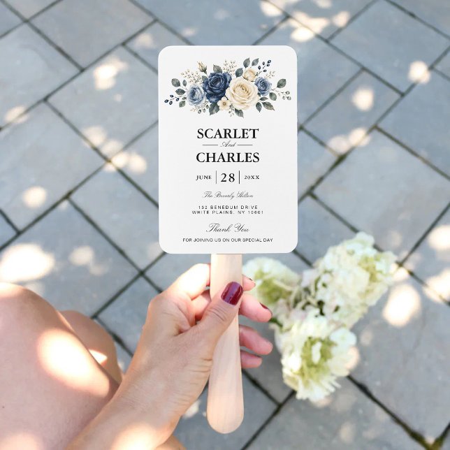Leque Programa de Casamento Dusty Blue Navy & Ivory Rose (Dusty blue rose program fans keep guests comfortable with timeless elegance.)
