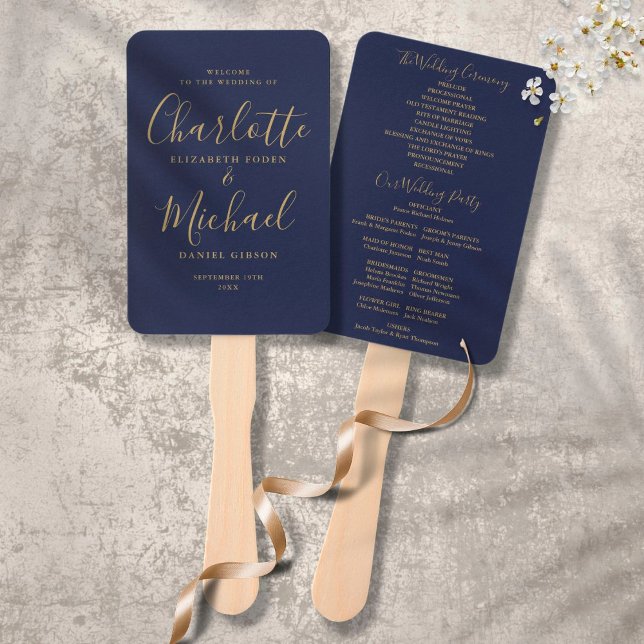 Leque Programa de Casamento Elegante Azul Marinho com Le (Criador carregado)