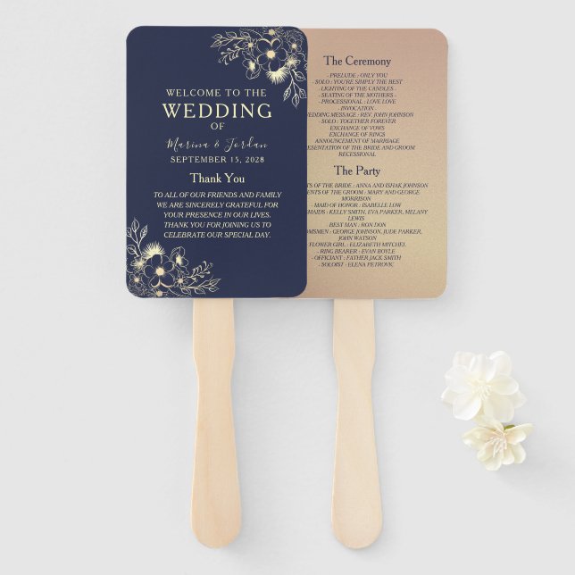 Leque Programa de Casamento Elegante Azul Marinho e Dour (Frente e Verso)