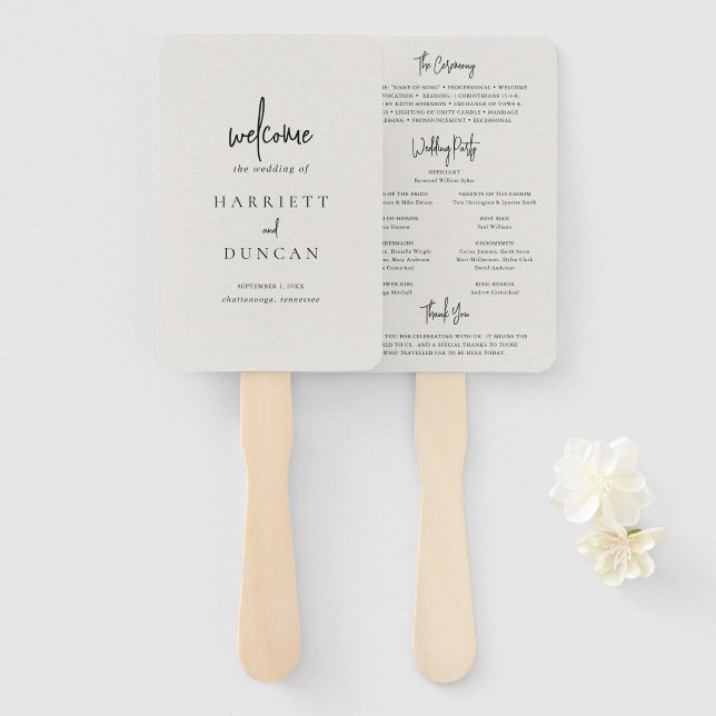Leque Programa de Casamento Elegante Bege Atemporal (Frente e Verso)