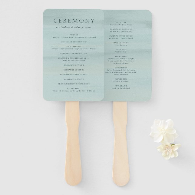 Leque Programa de Casamento Elegante com Aquarela Verde  (Frente e Verso)