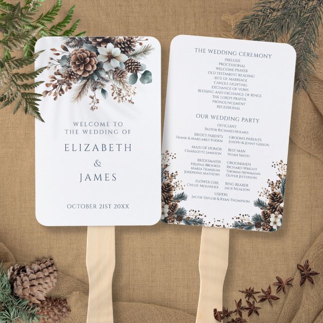 Leque Programa de Casamento Elegante com Florais Rústico (Elegant Rustic Floral Pinecones Wedding Program Hand Fan)