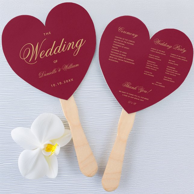 Leque Programa de Casamento Elegante Coração Bordeaux Le (Criador carregado)