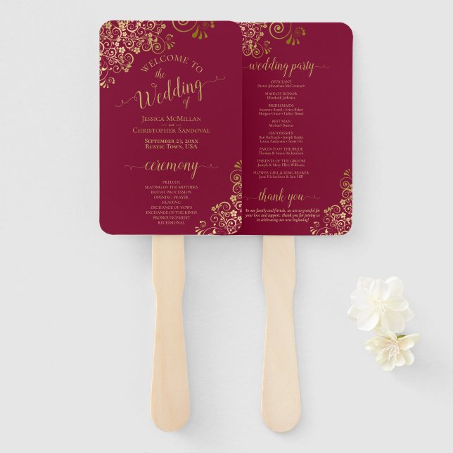 Leque Programa de Casamento Elegante de Lace Dourado e M (Frente e Verso)