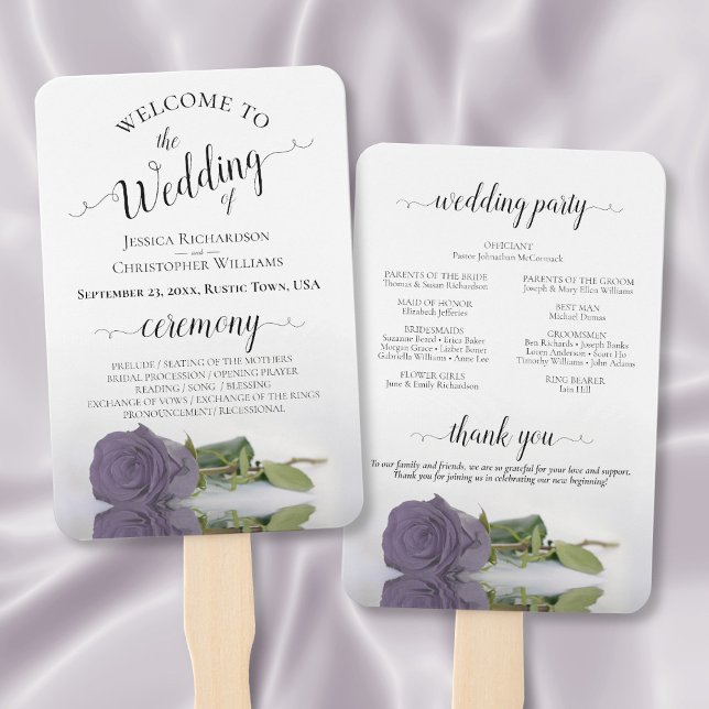 Leque Programa de Casamento Elegante de Rosa Roxo Dusty (Front/Back)