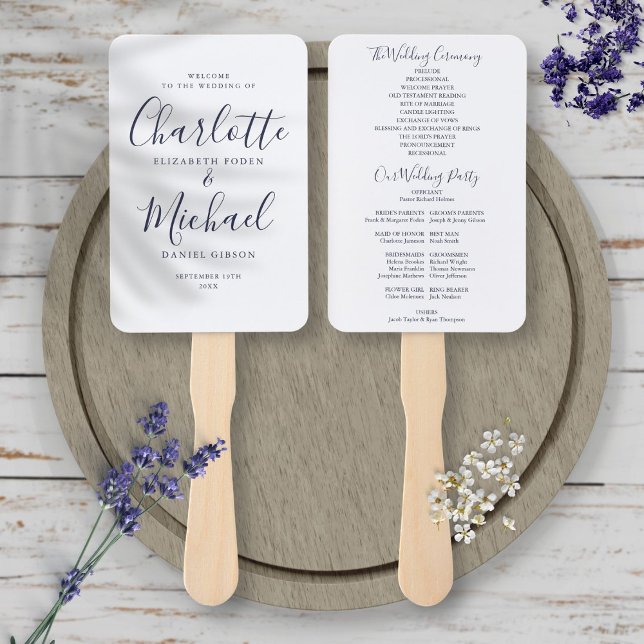 Leque Programa de Casamento Elegante em Azul Naval com L (Elegant Navy Blue Signature Script Wedding Program Hand Fan)