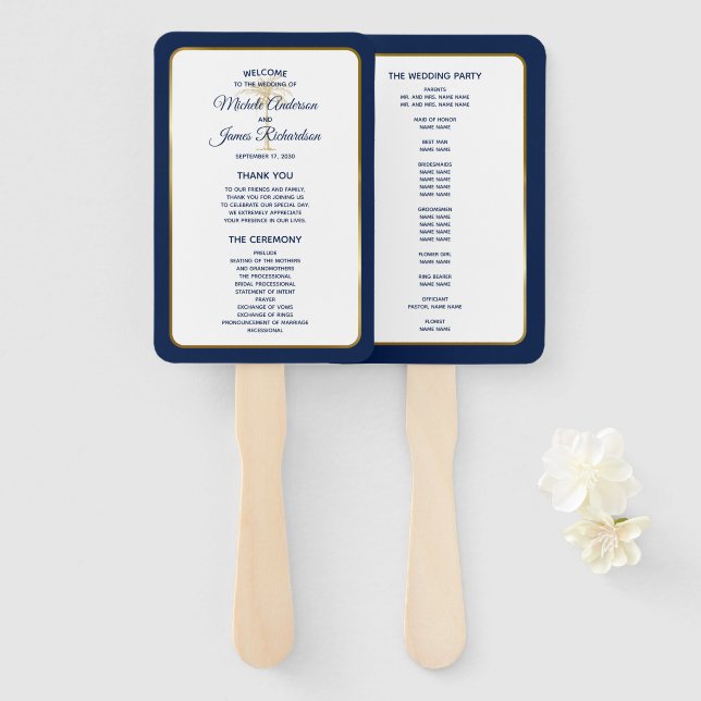 Leque Programa de Casamento Elegante em Azul Naval com P (Frente e Verso)