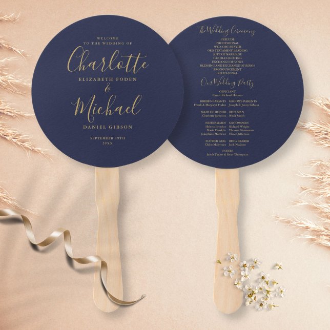 Leque Programa de Casamento Elegante em Azul Naval e Dou (Criador carregado)