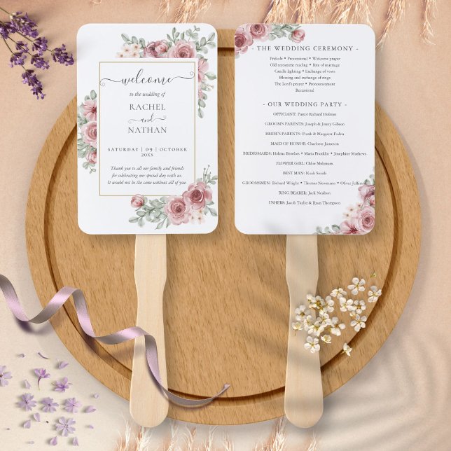 Leque Programa de Casamento Elegante em Rosa Empolado Fl (Floral Dusty Rose Elegant Wedding Program Hand Fan)