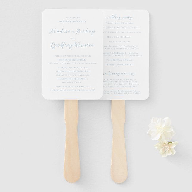 Leque Programa de Casamento Elegante em Script Azul Pó B (Frente e Verso)