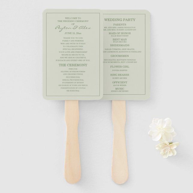 Leque Programa de Casamento Elegante em Verde Menta Suav (Frente e Verso)