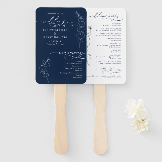 Leque Programa de Casamento Elegante Eucalipto Azul Mari (Frente e Verso)