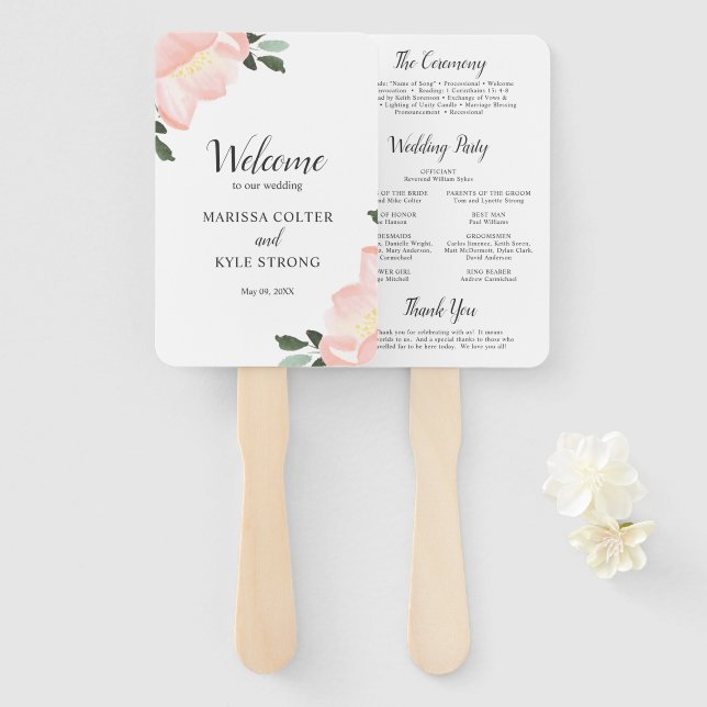 Leque Programa de Casamento Elegante Floral Aquarela Ros (Frente e Verso)