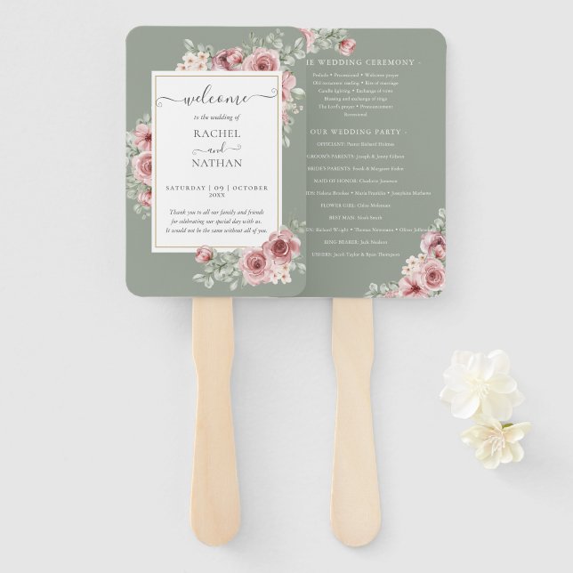 Leque Programa de Casamento Elegante Flores Rosas Verde  (Frente e Verso)