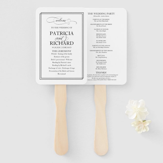 Leque Programa de Casamento Elegante Letra Preta (Frente e Verso)