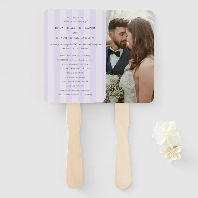 Leque Programa de Casamento Elegante Listras Roxas Moder (Frente e Verso)