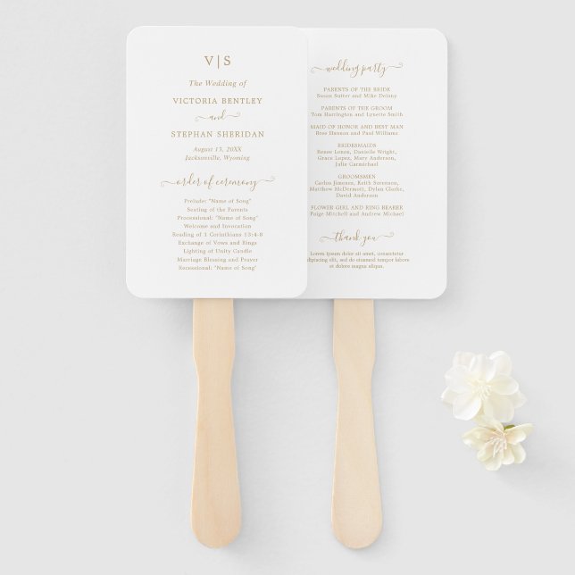 Leque Programa de Casamento Elegante Monograma Ouro Trad (Frente e Verso)