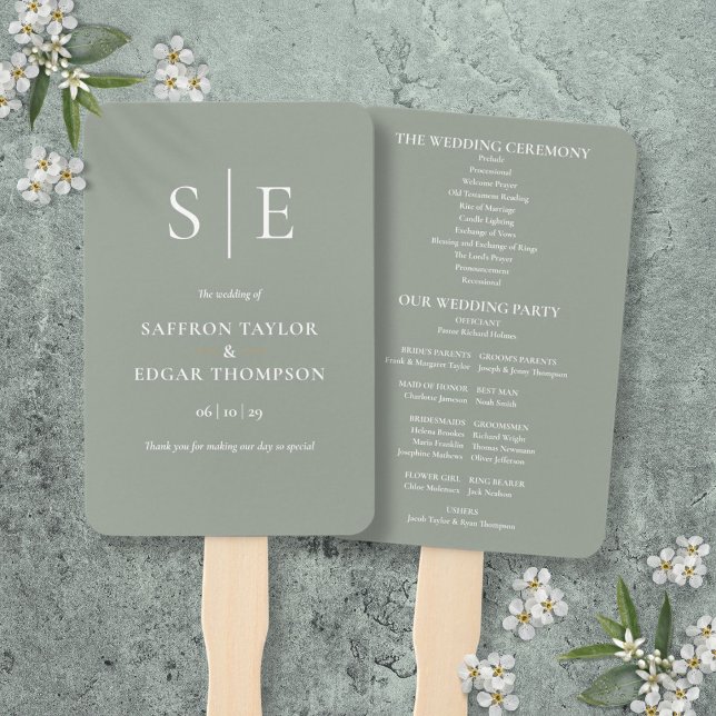 Leque Programa de Casamento Elegante Monograma Verde Sál (Sage Green Elegant Monogram Wedding Program Hand Fan)