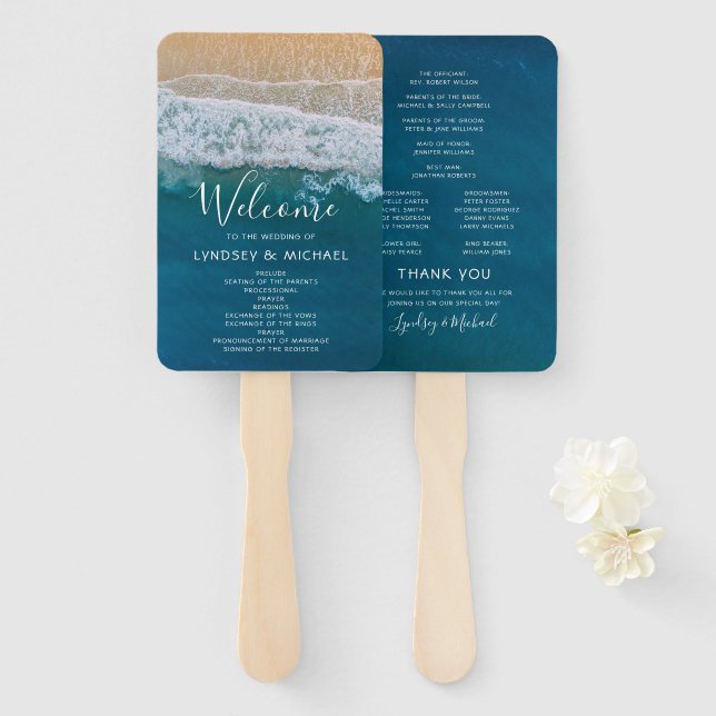 Leque Programa de Casamento Elegante na Praia Oceano Azu (Frente e Verso)