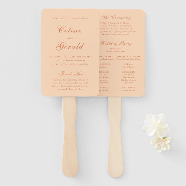 Leque Programa de Casamento Elegante Pêssego Clássico (Frente e Verso)