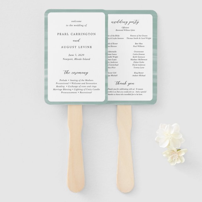 Leque Programa de Casamento Elegante Verde Suave Coastal (Frente e Verso)